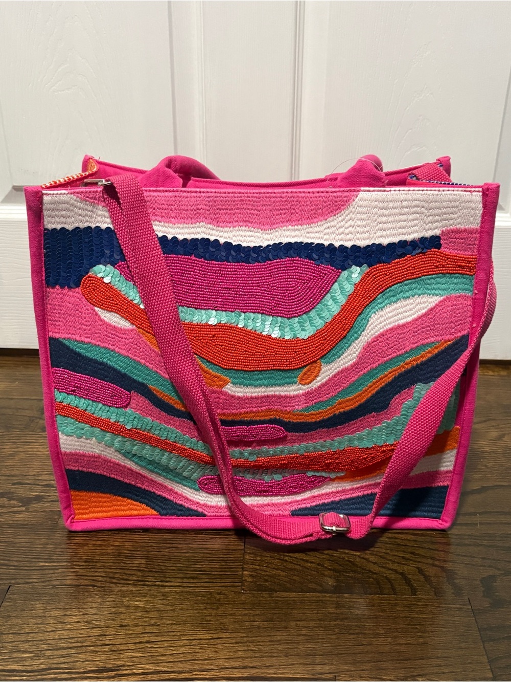 Bright Pink Multicolor Embroidered Wave Tote - Picture 2 of 6